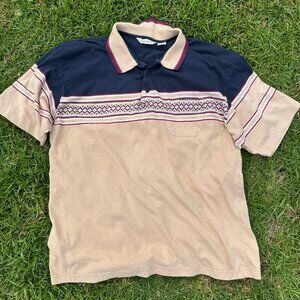 Vintage Y2K Wentworth Polo Shirt XL Tribal Aztec Stripe Beige Navy